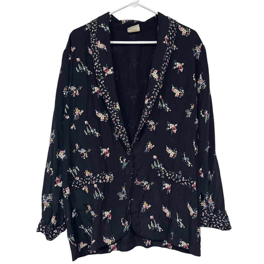 David Wayne Women's Vintage Black Floral Blazer Blouse Single Button Medium